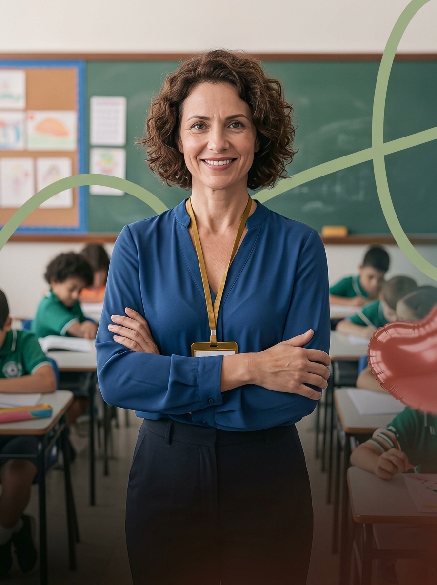 Professora sorridente em sala de aula com o FacilitaProfe